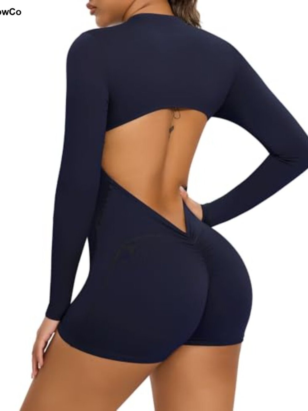 FITTOO Women Workout Zip Up Jumpsuit Backless Long Sleeve Romper